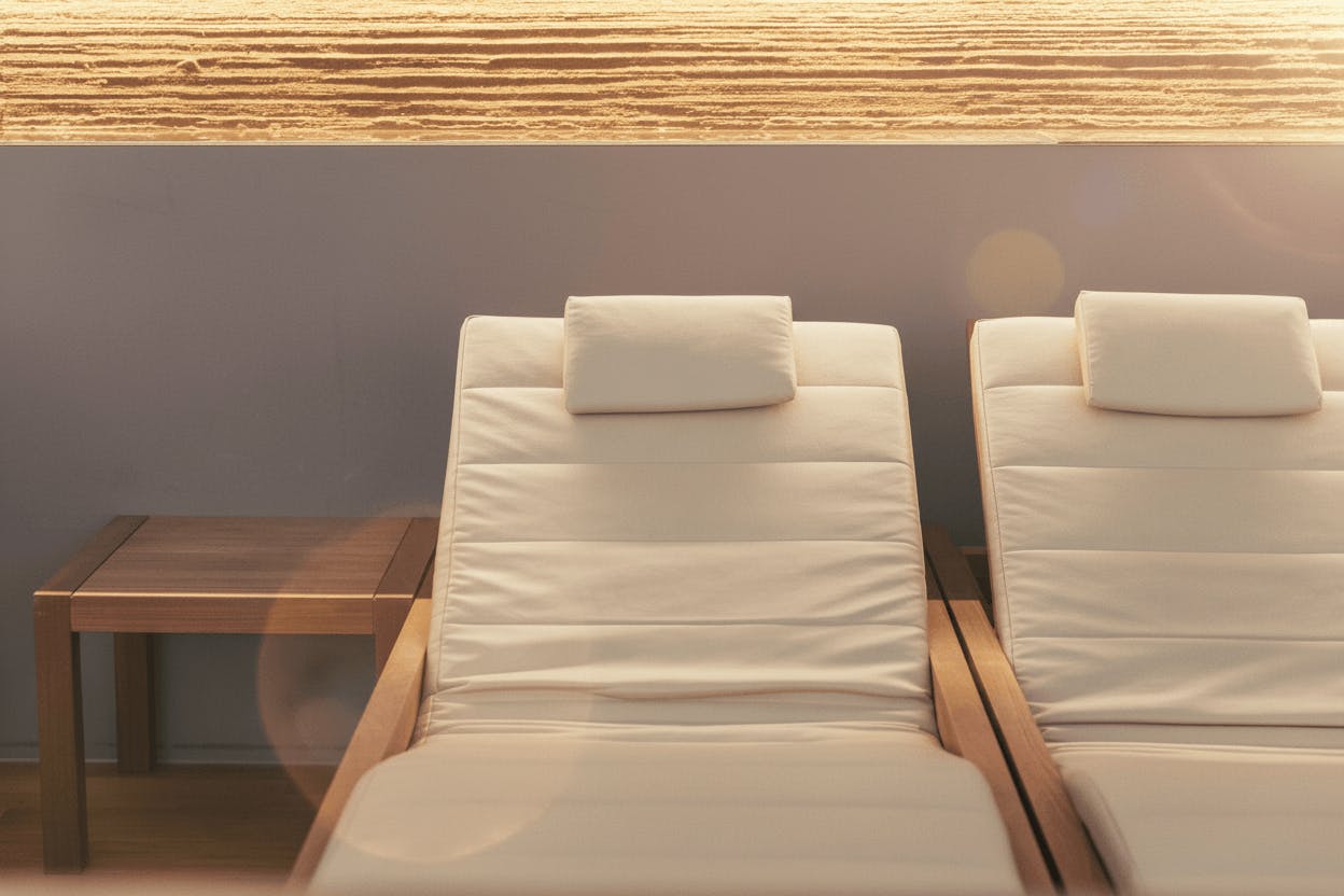 Zwei gepolsterte Liegen mit Kopfstützen neben einem kleinen Holztisch vor einer grauen Wand