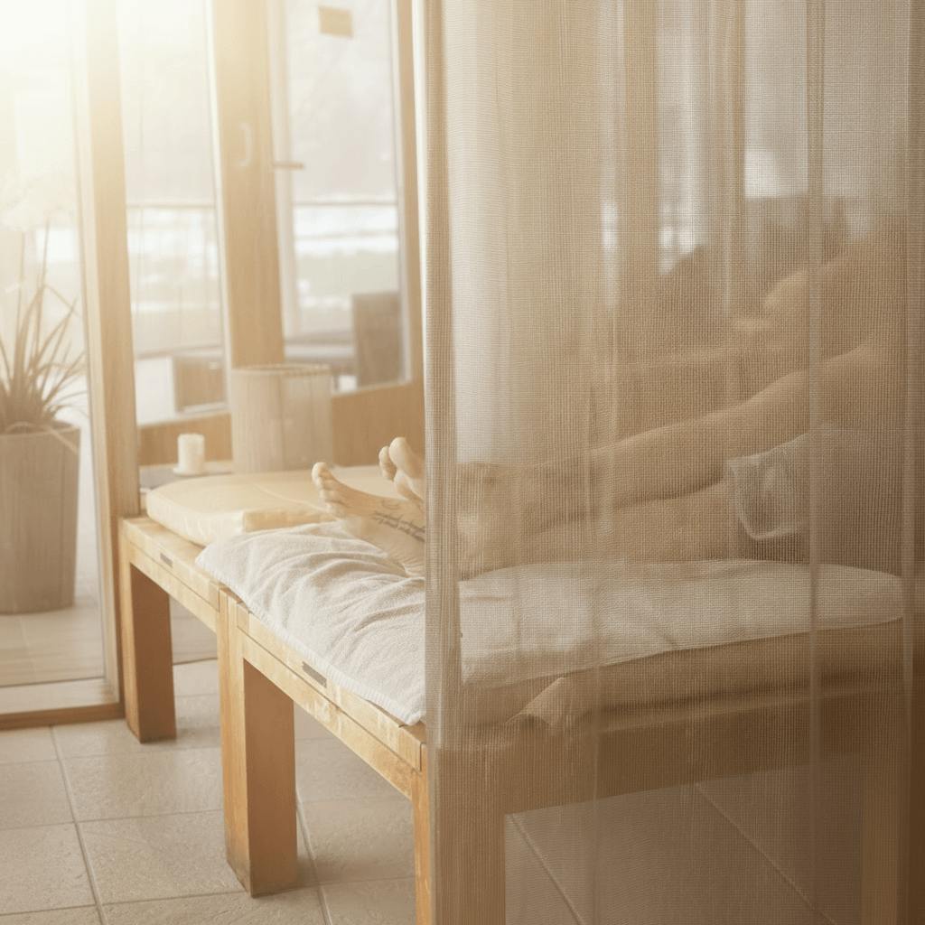 Holzliege mit weißer Auflage hinter einem halbtransparenten Vorhang in einem hellen Raum mit Fenster und Pflanze