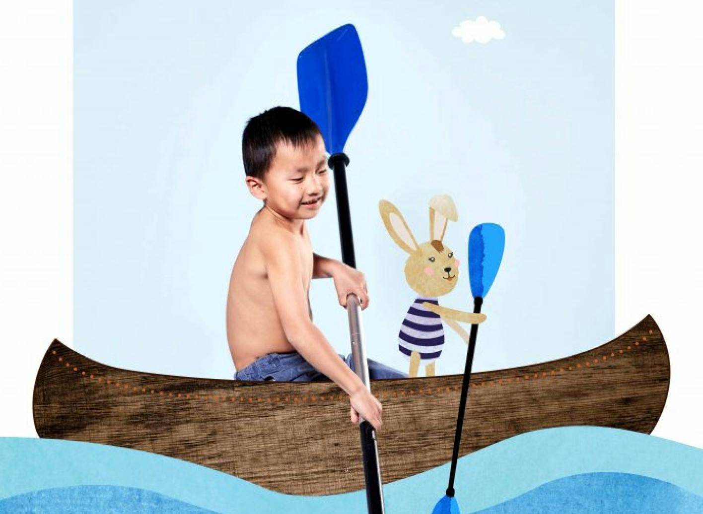 Eine Grafik mit einem Jungen zusammen mit einem Hasen in einem Kanu.