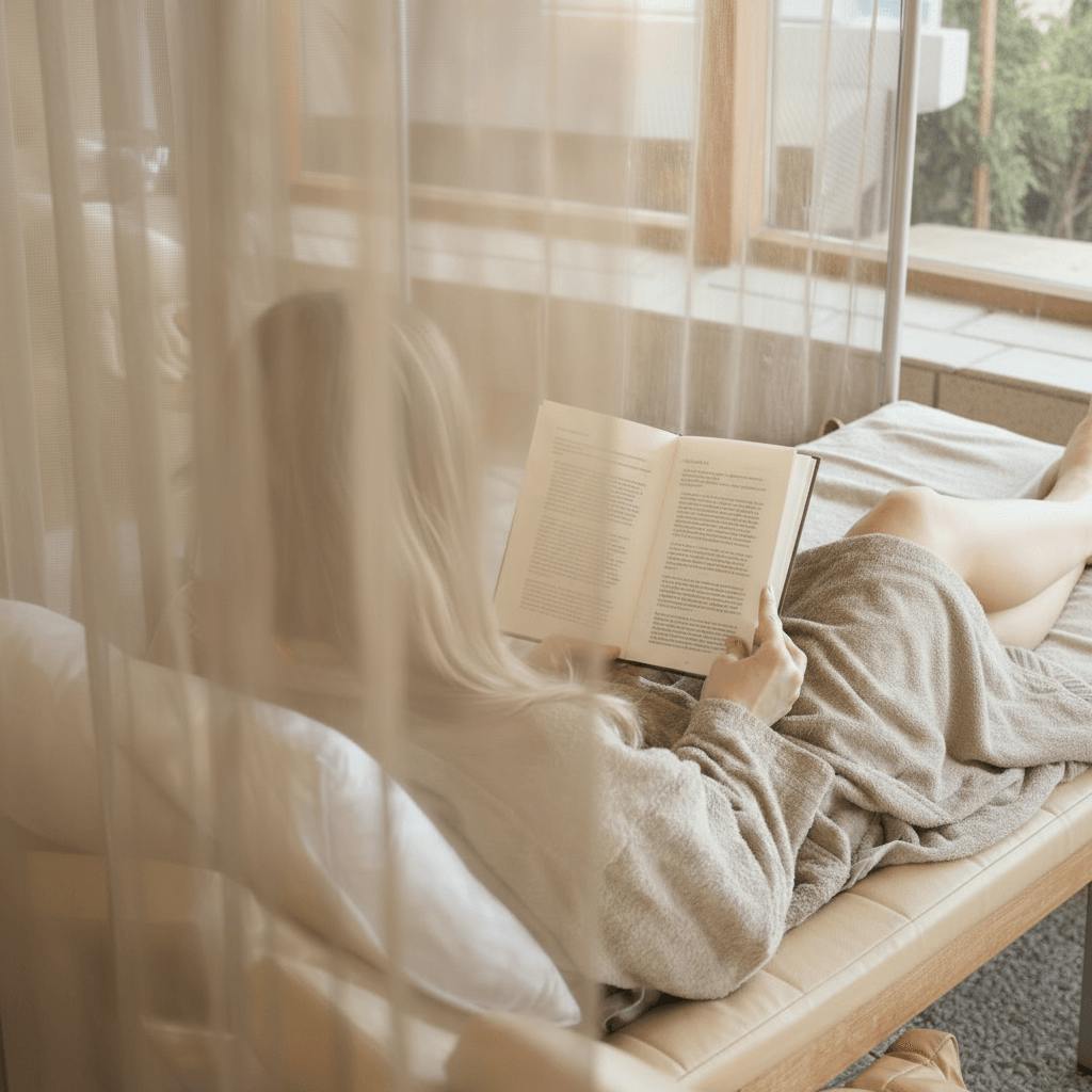 Person liegt auf einer Liege und liest ein Buch hinter einem halbtransparenten Vorhang.