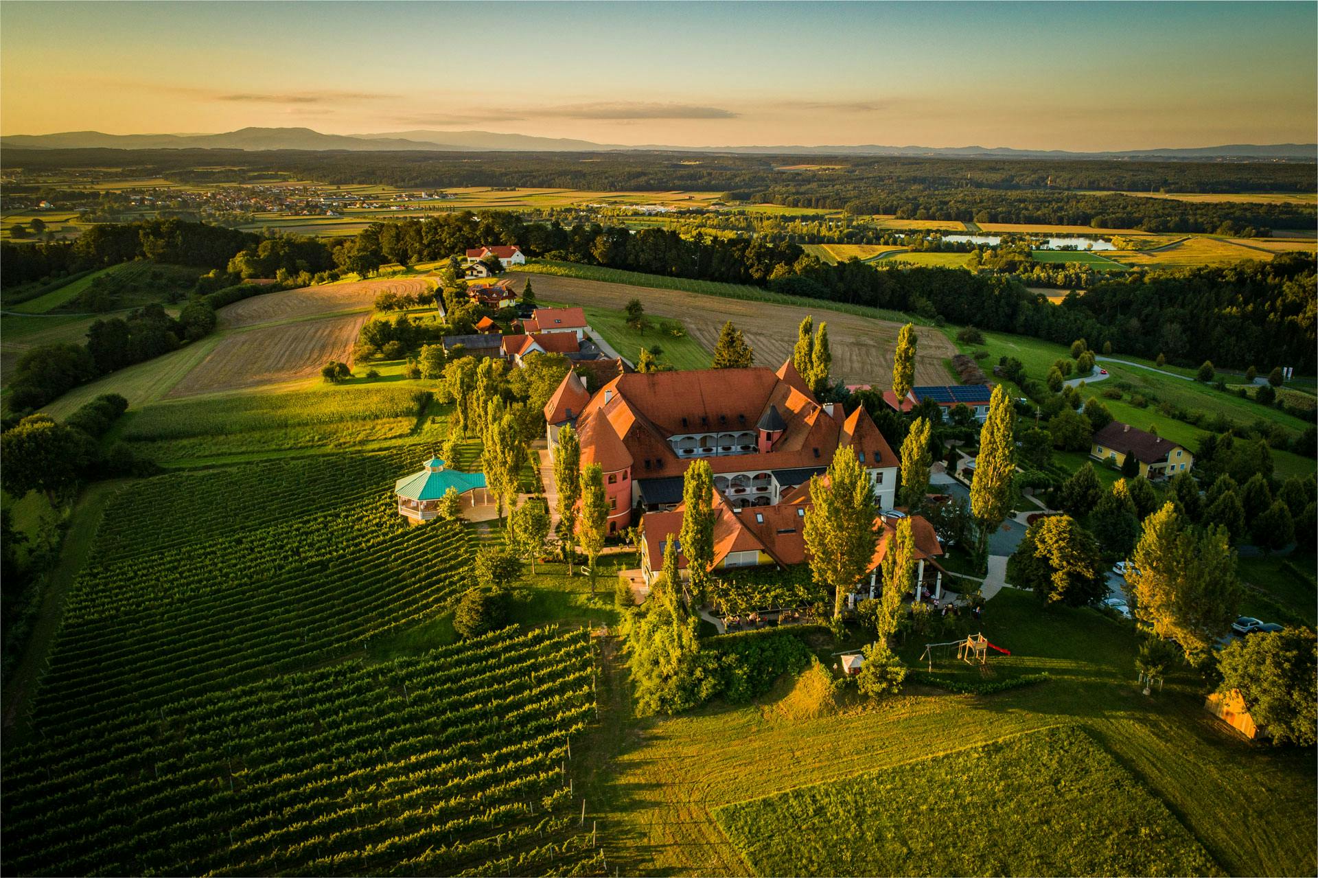 Das Weinschloss Thaller eingebettet in die steirische Hügellandschaft.