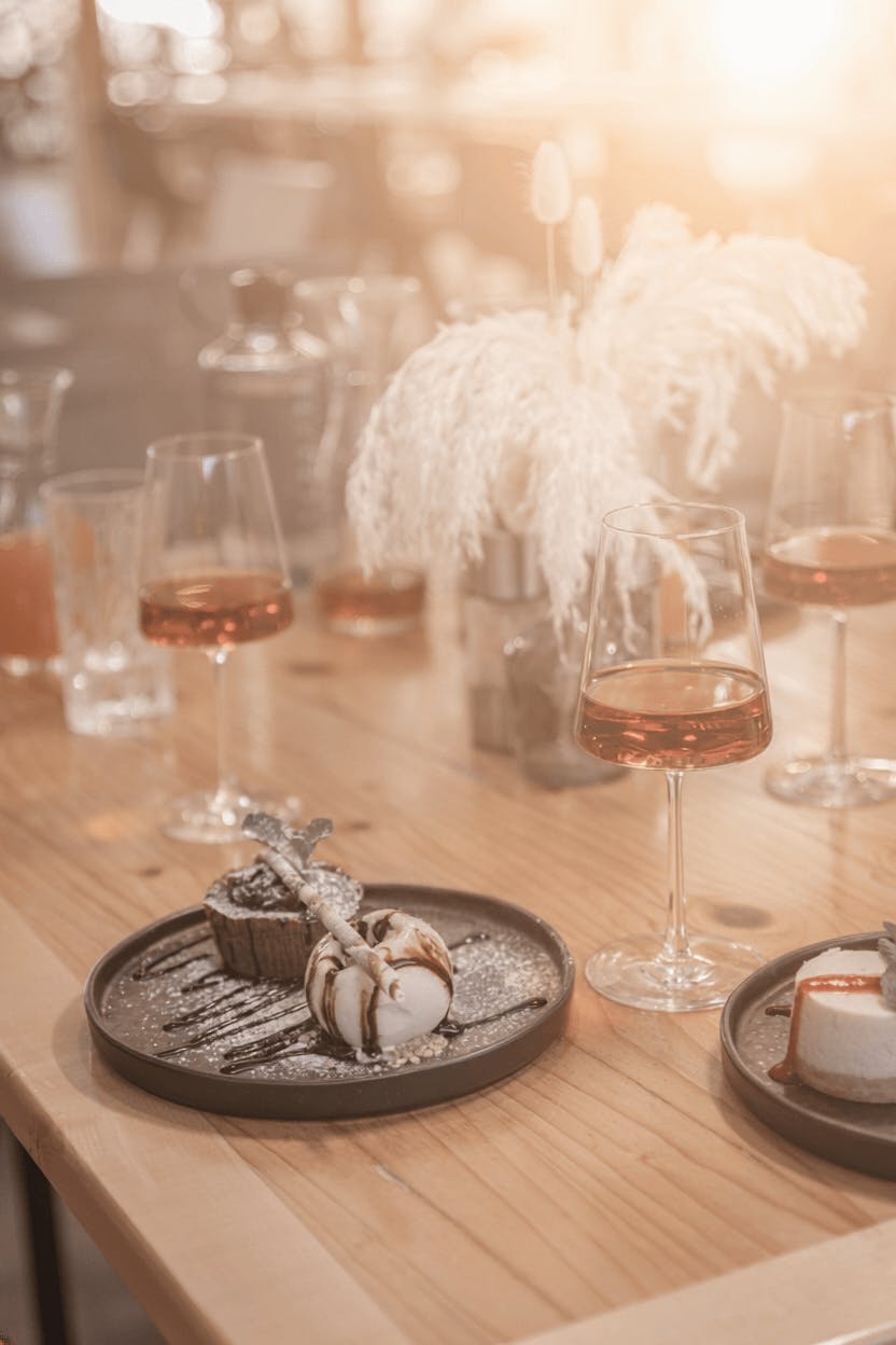 Dessertteller mit Schokoladenkuchen und Vanilleeis auf Holztisch neben Gläsern mit roséfarbenem Getränk und dekorativen weißen Federn