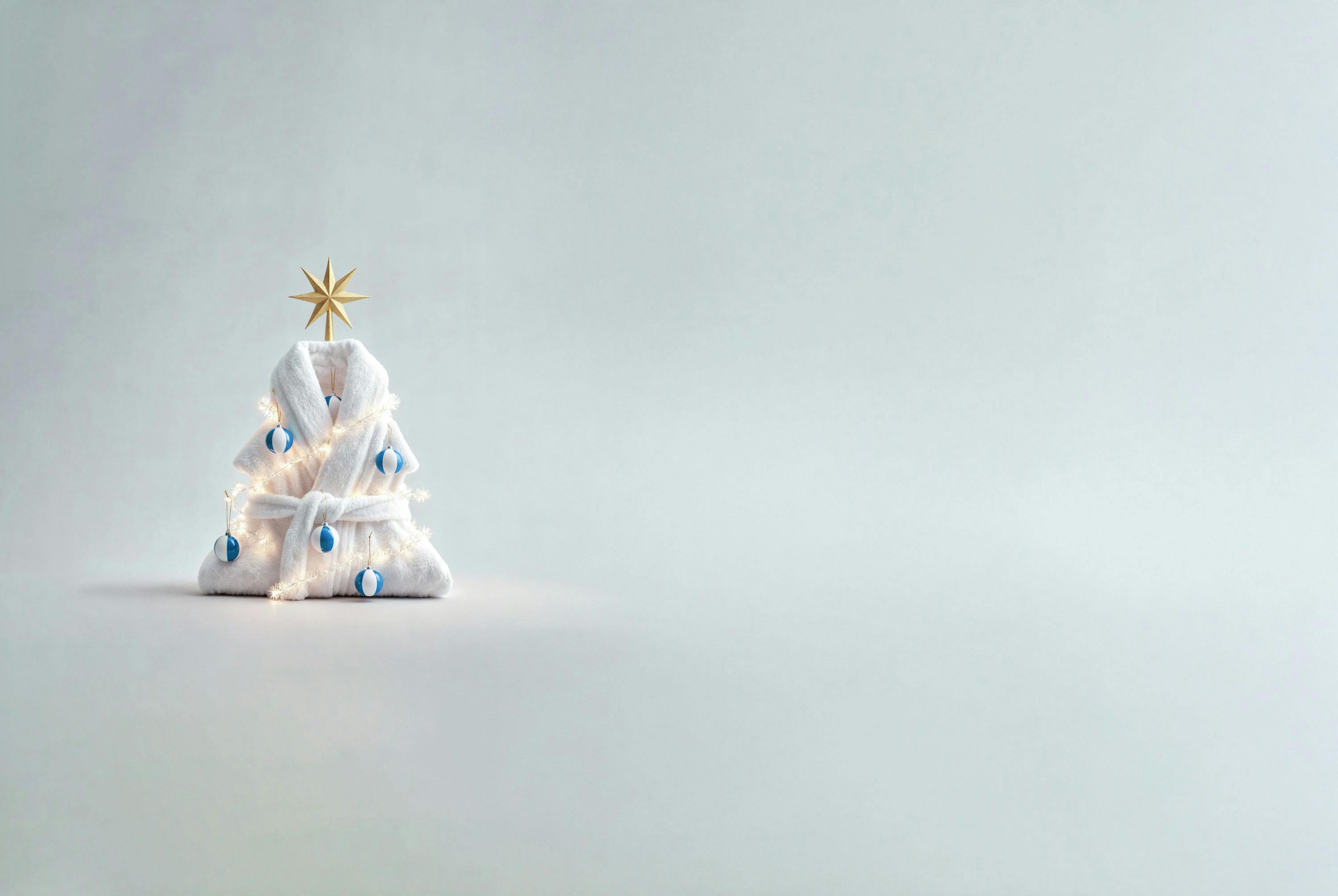Weißer, dreieckiger Weihnachtsbaum aus Stoff mit blauen Kugeln und goldenem Stern auf Spitze vor hellem Hintergrund