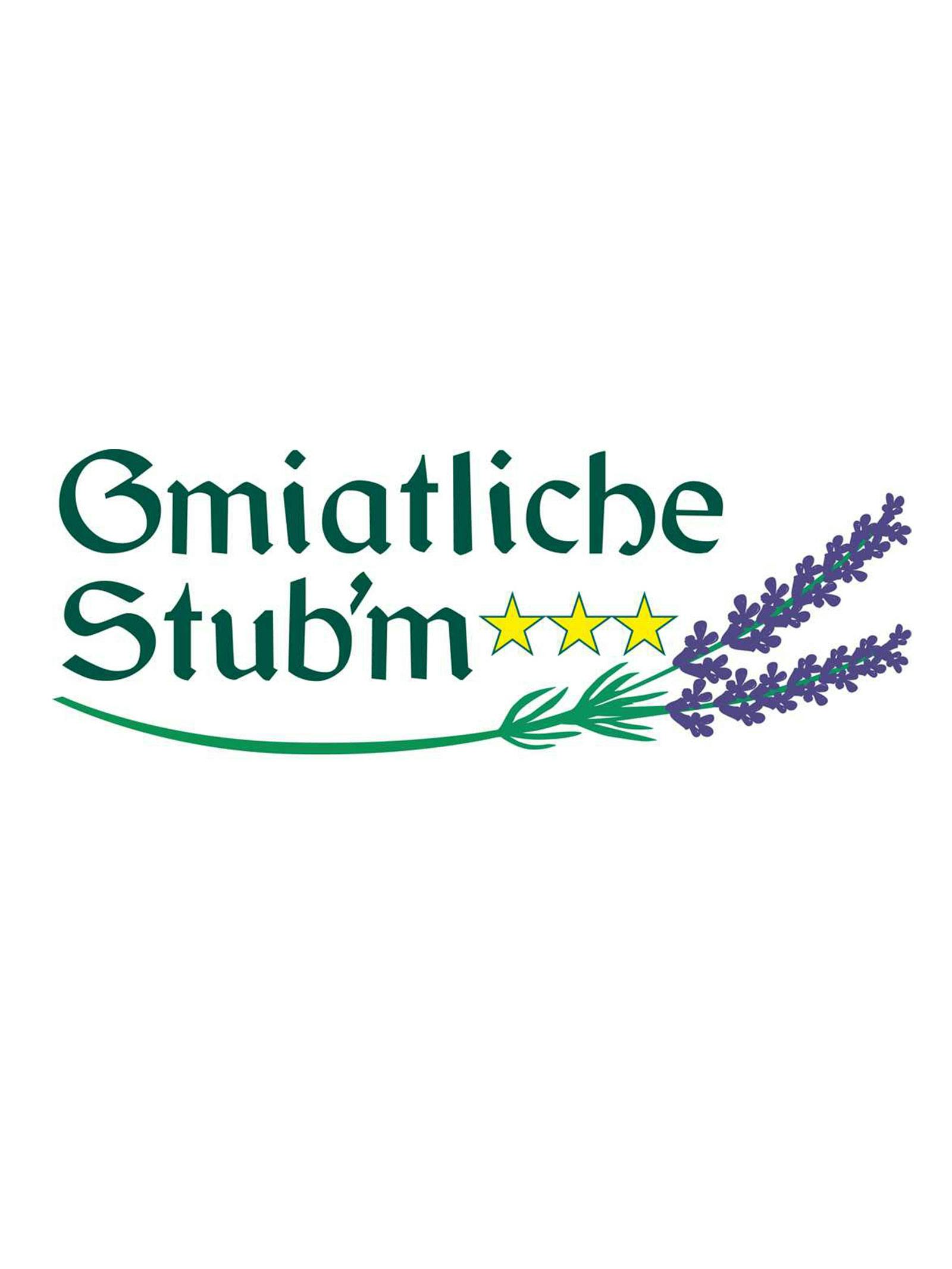 Green lettering ‘Gmiatliche Stub'm’ with three yellow stars and a sprig of purple lavender flowers underneath.
