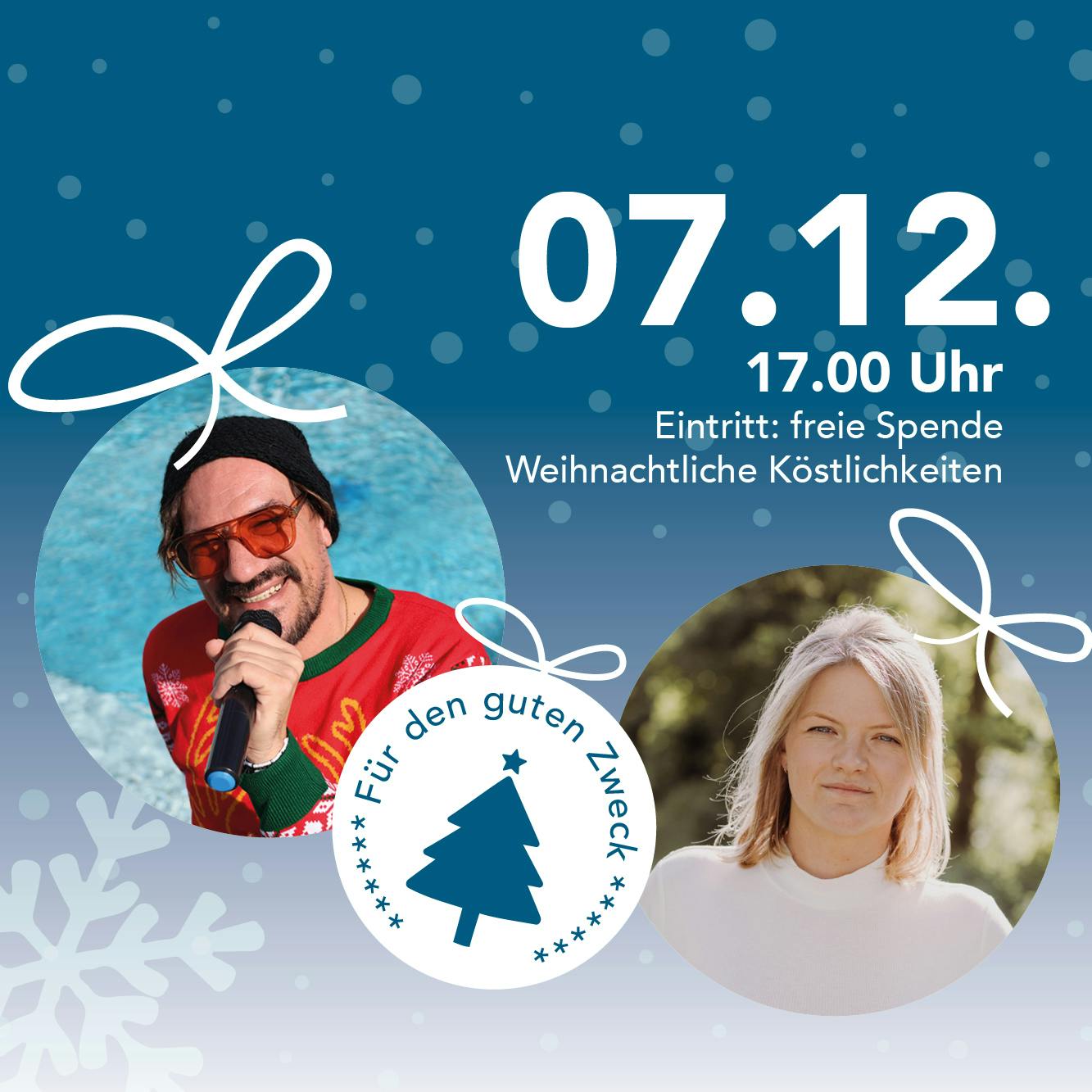 Zwei Personen in runden Ausschnitten, eine mit rotem Pullover und Mikrofon, die andere mit weißem Pullover, vor blauem Hintergrund mit Schneeflocken und Text zu Benefizkonzert am 07.12., 17 Uhr.