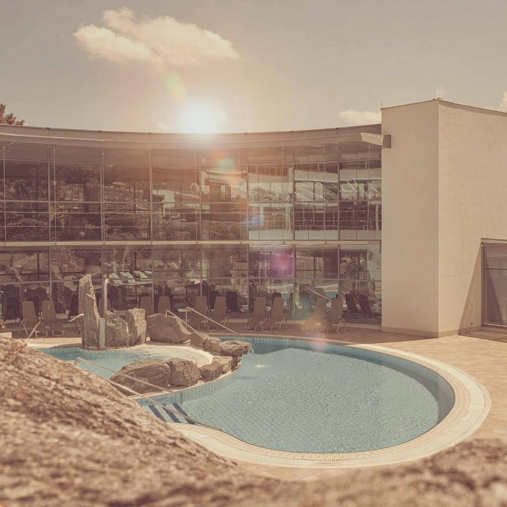 Outdoor pool with rock island in front of a modern building with large glass facade under blue sky