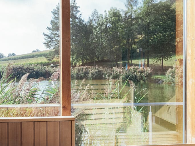 You can see the natural pond through the windows of the herbal sauna.