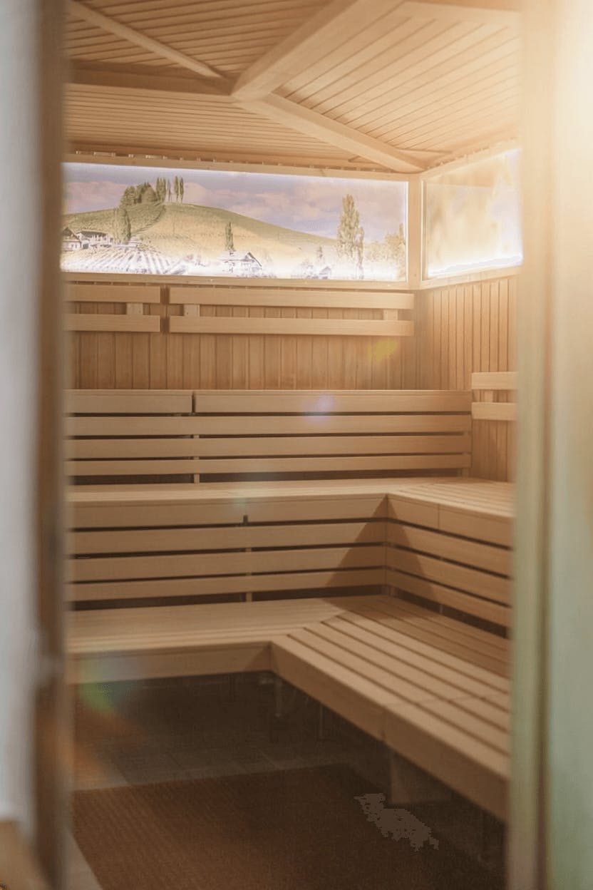 Innenraum einer Sauna mit Holzbänken und einem Fenster mit Landschaftsmotiv
