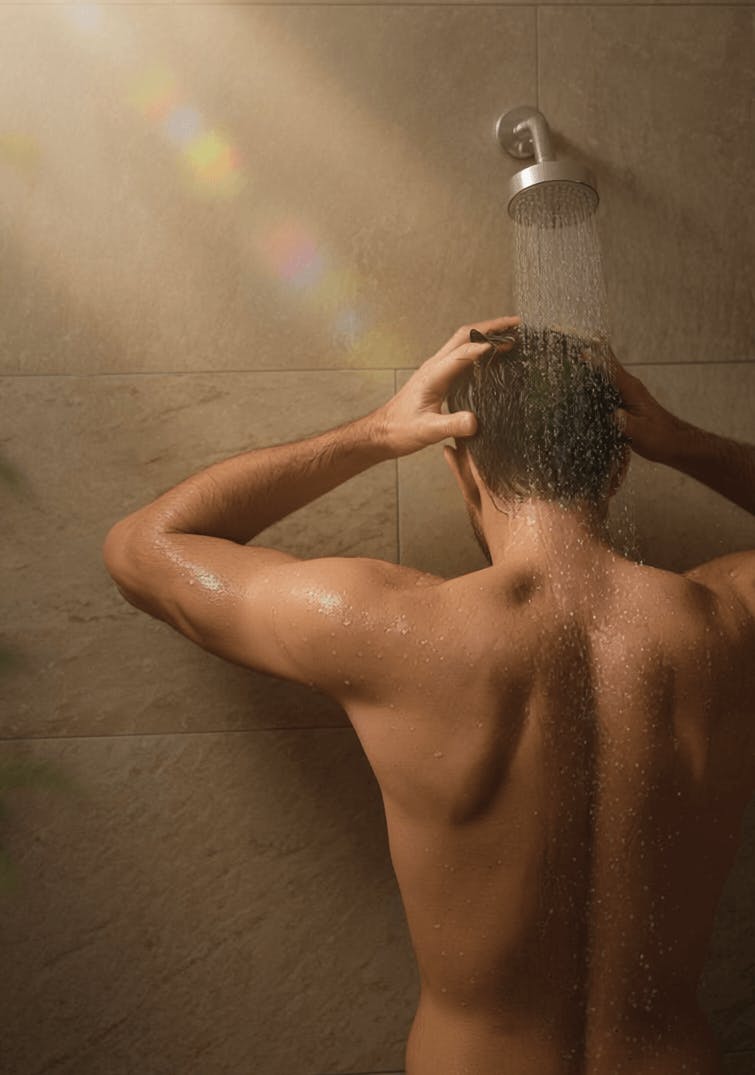 Ein Mann duscht sich ab.