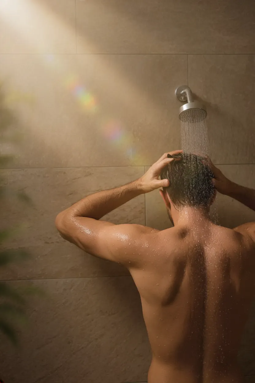 Ein Mann duscht sich ab.