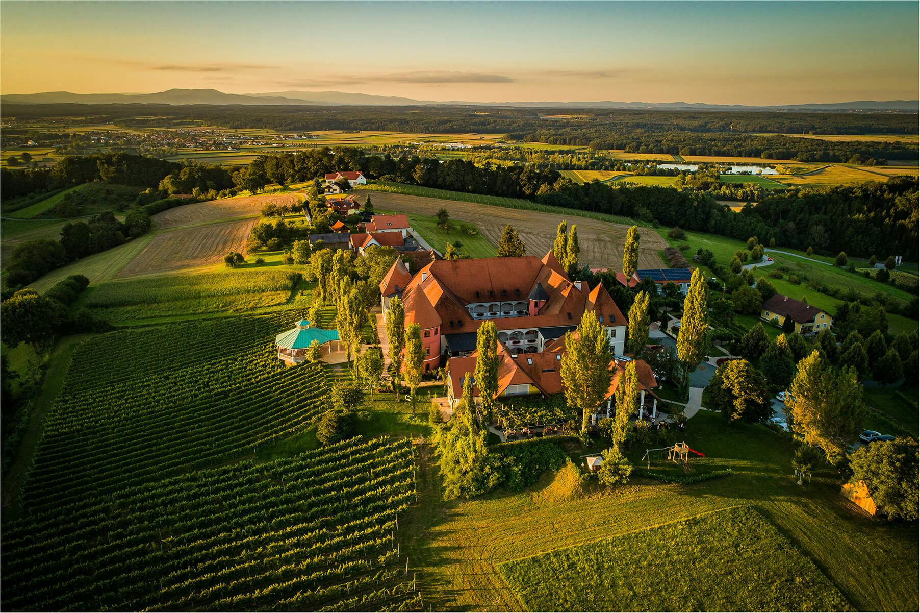 Das Weinschloss Thaller aus der Luft eingebettet in die steirische Hügellandschaft.